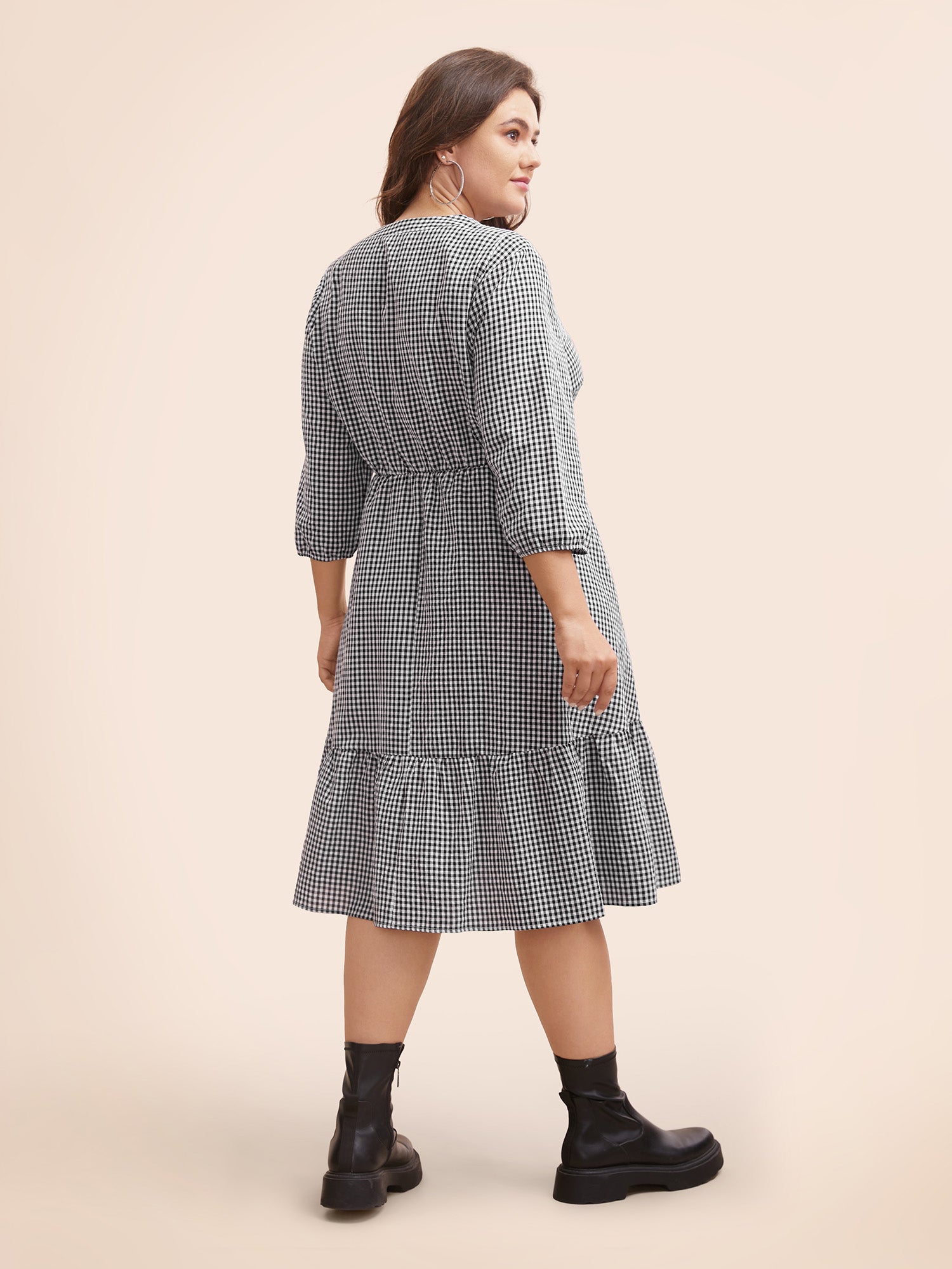 Gingham Notched Ruffle Hem Lantern Sleeve Dress
