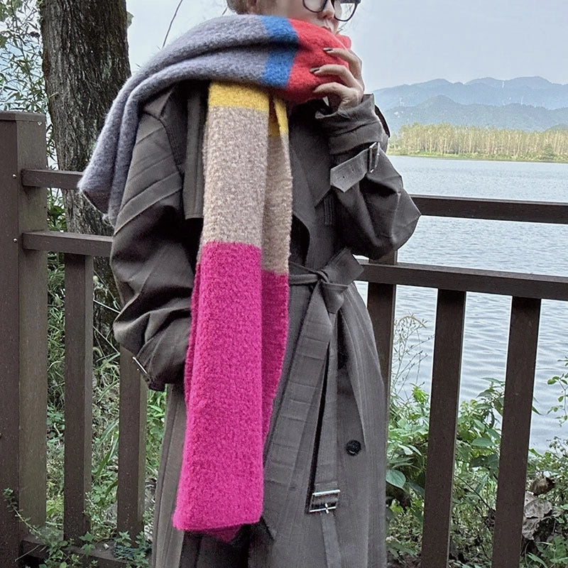 Autumn And Winter New Dopamine Contrast Color Rainbow Thickened Warm High-grade Scarf Long Minimalist Scarf