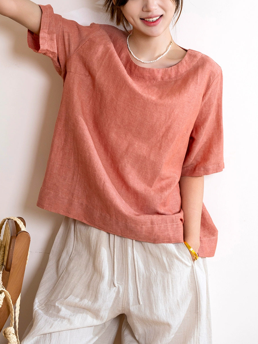 Women Summer Casual Pure Color Linen Cotton O-Neck Shirt