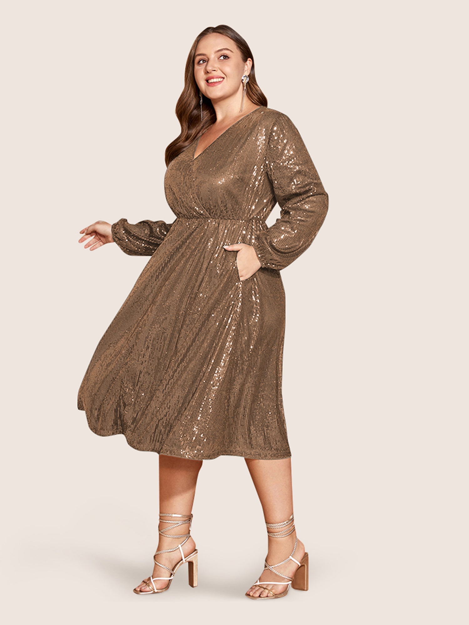 Solid Pocket Lantern Sleeve Wrap Sequin Dress