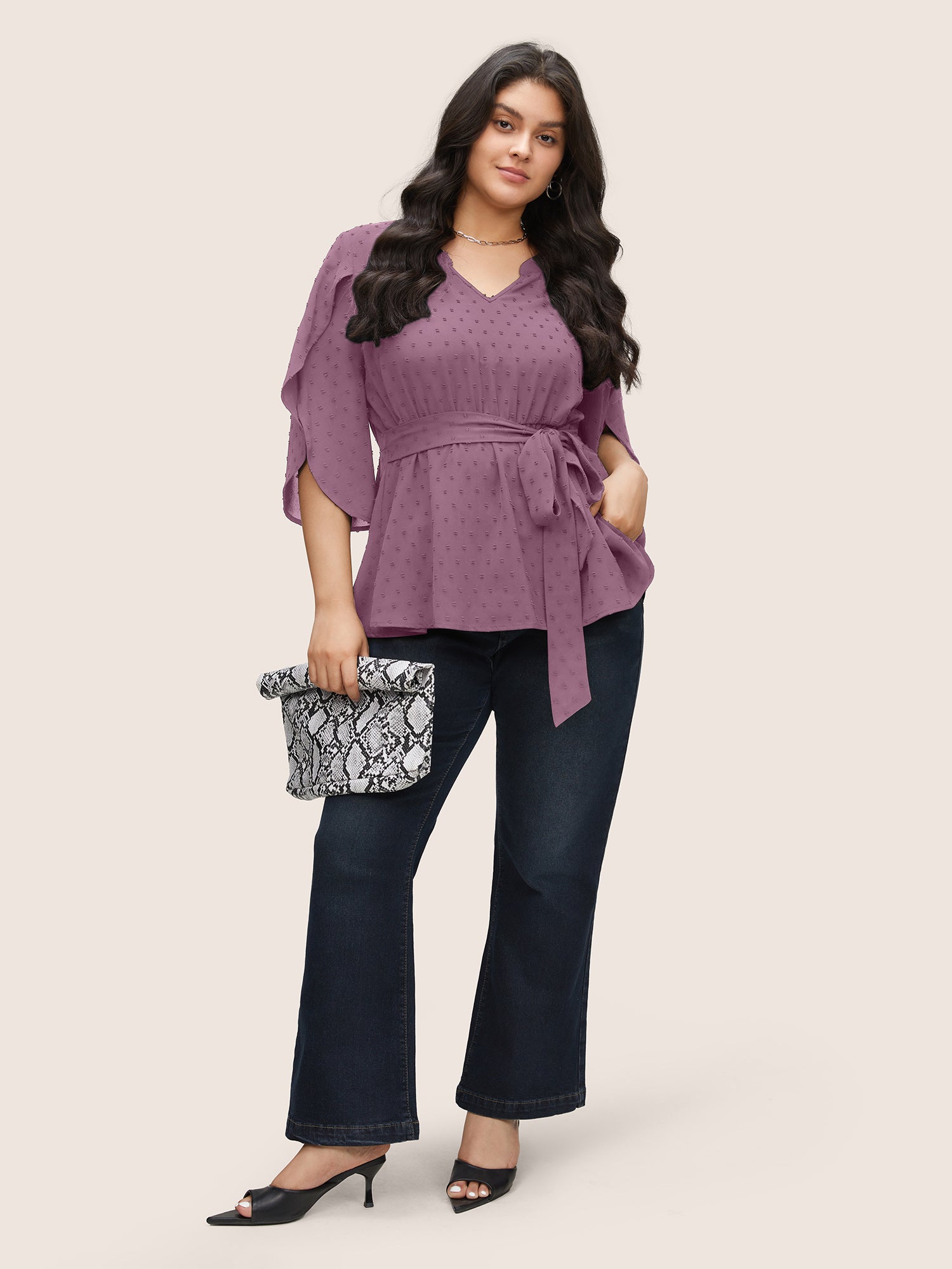 Plain Textured Petal Sleeve Ties Blouse