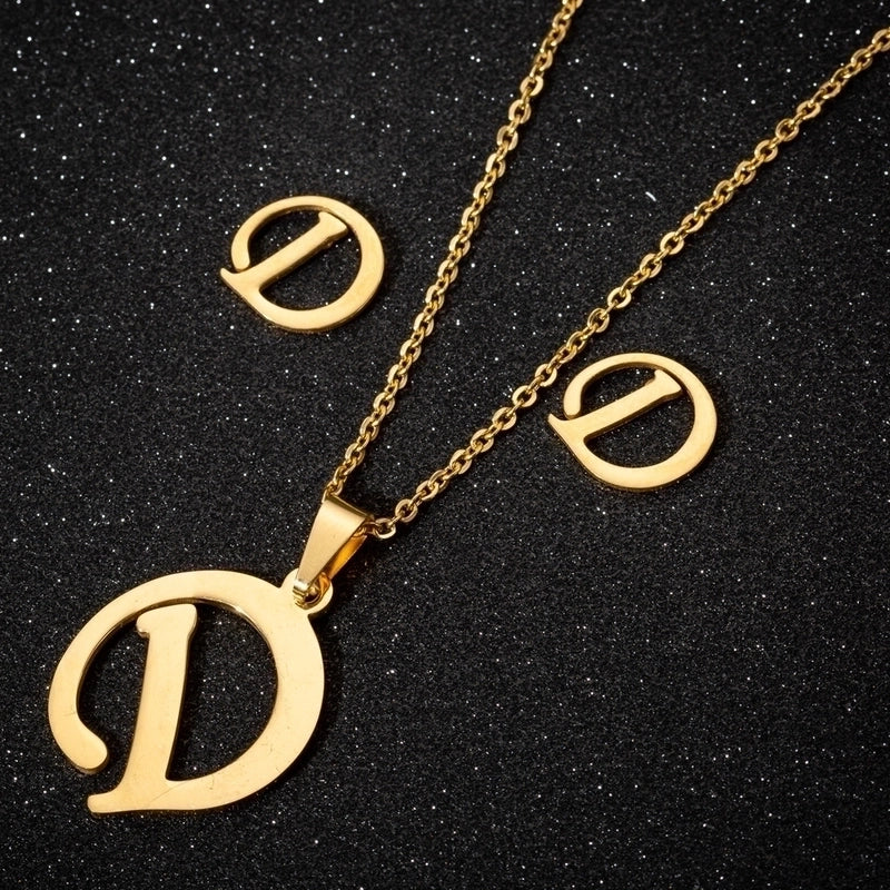 Women's Fashion Minimalist Letter Stainless Steel Pendant Necklace Ear Studs Plating Jewelry Sets