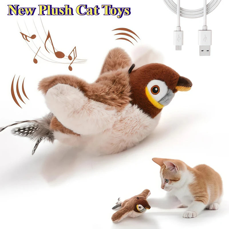 Interactive Chirping Bird Cat Toy – USB Rechargeable. Touch-Activated. Flapping Wings & Cat Teaser Attachment