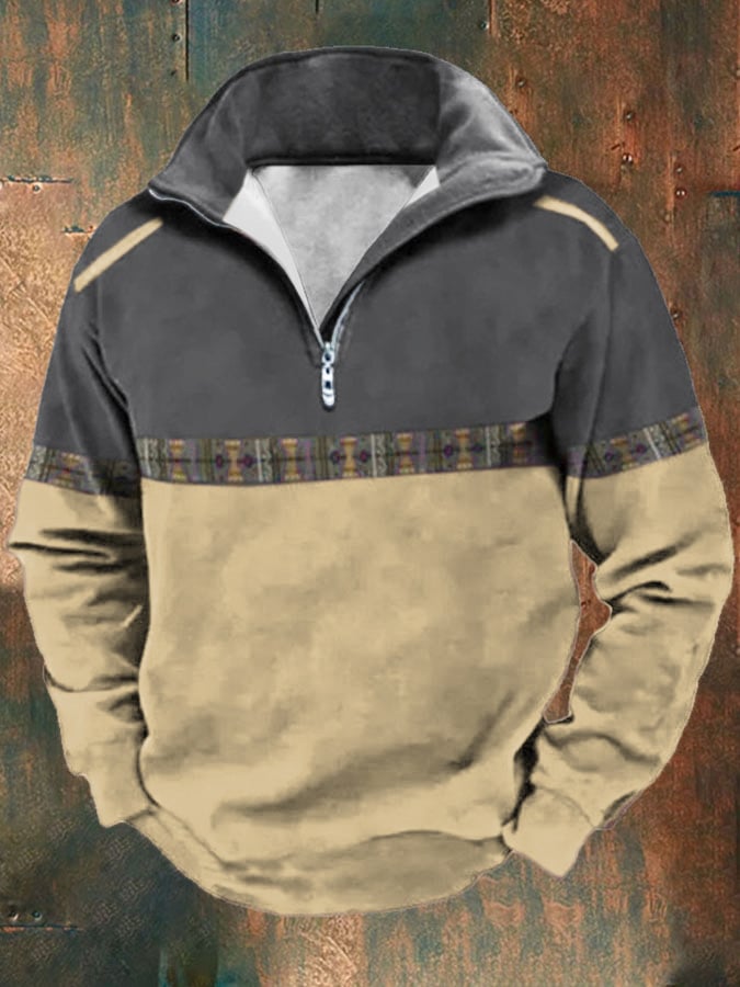 Men's Retro Western Print Lapel Long Sleeve Sweatshirt