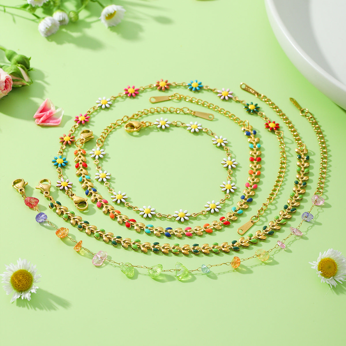 Stainless Steel Chain Small Daisy Olive Branch Butterfly Color Oil Drop Necklace Female Fashion All-Match Titanium Steel Bracelet