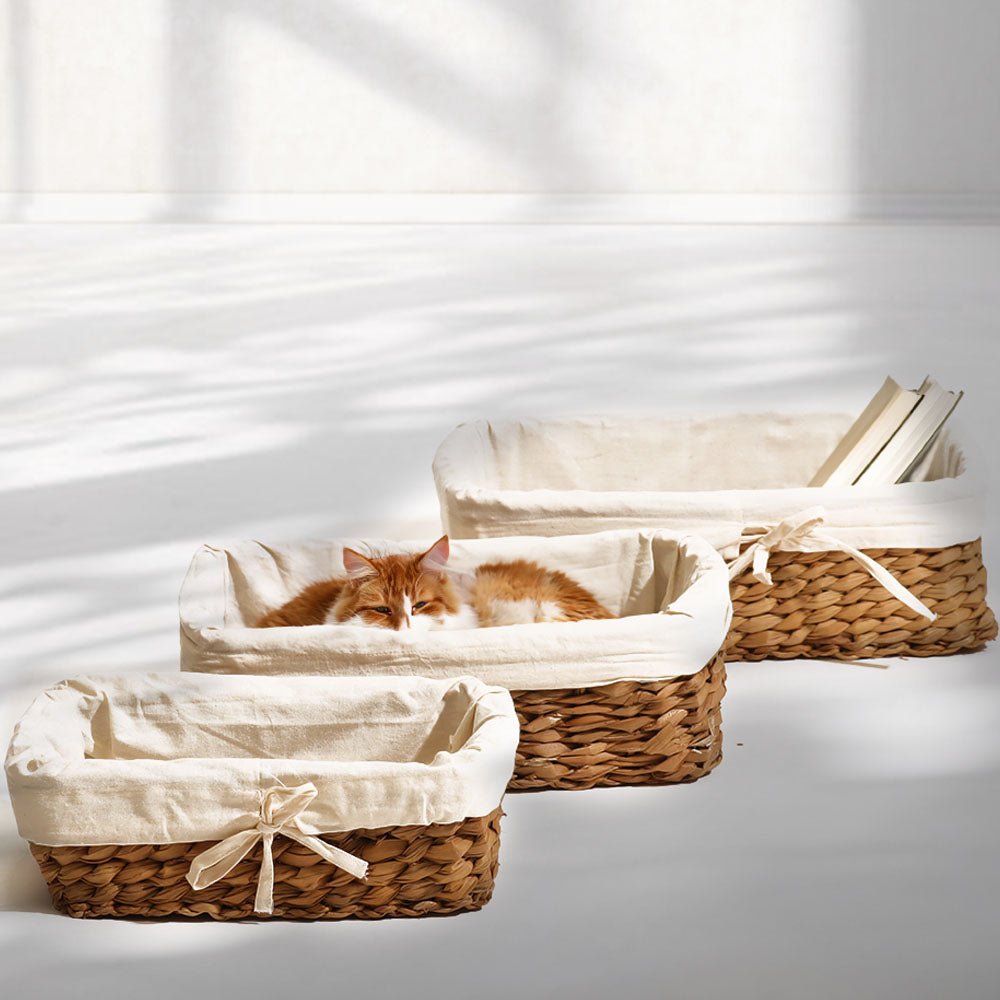 Seagrass Woven Lined Storage Baskets Short. Set of 3 - Natural