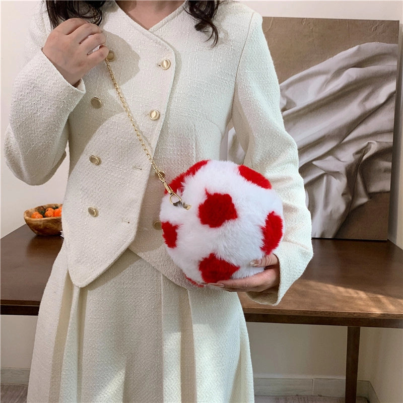 Women's Small Plush Football Streetwear Sewing Thread Round Zipper Crossbody Bag