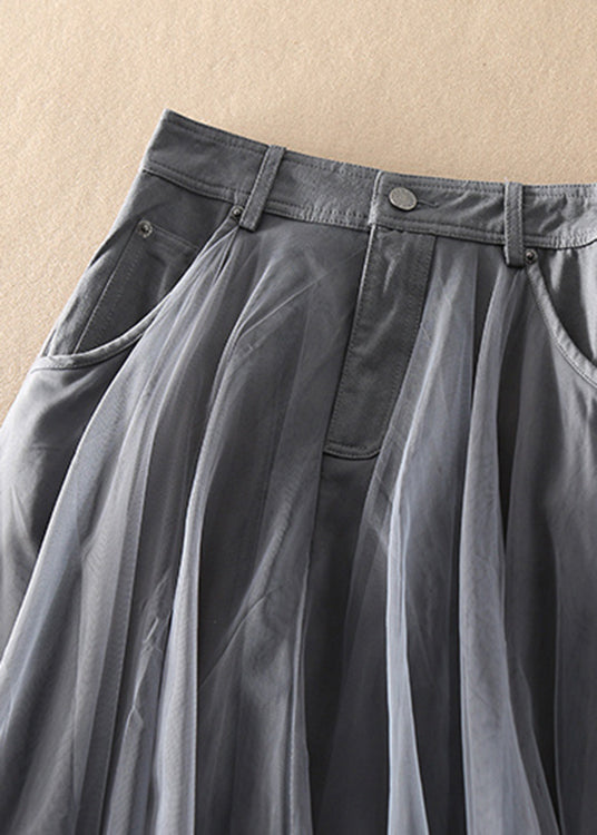 Natural Grey high waist Patchwork Tulle Skirts Spring