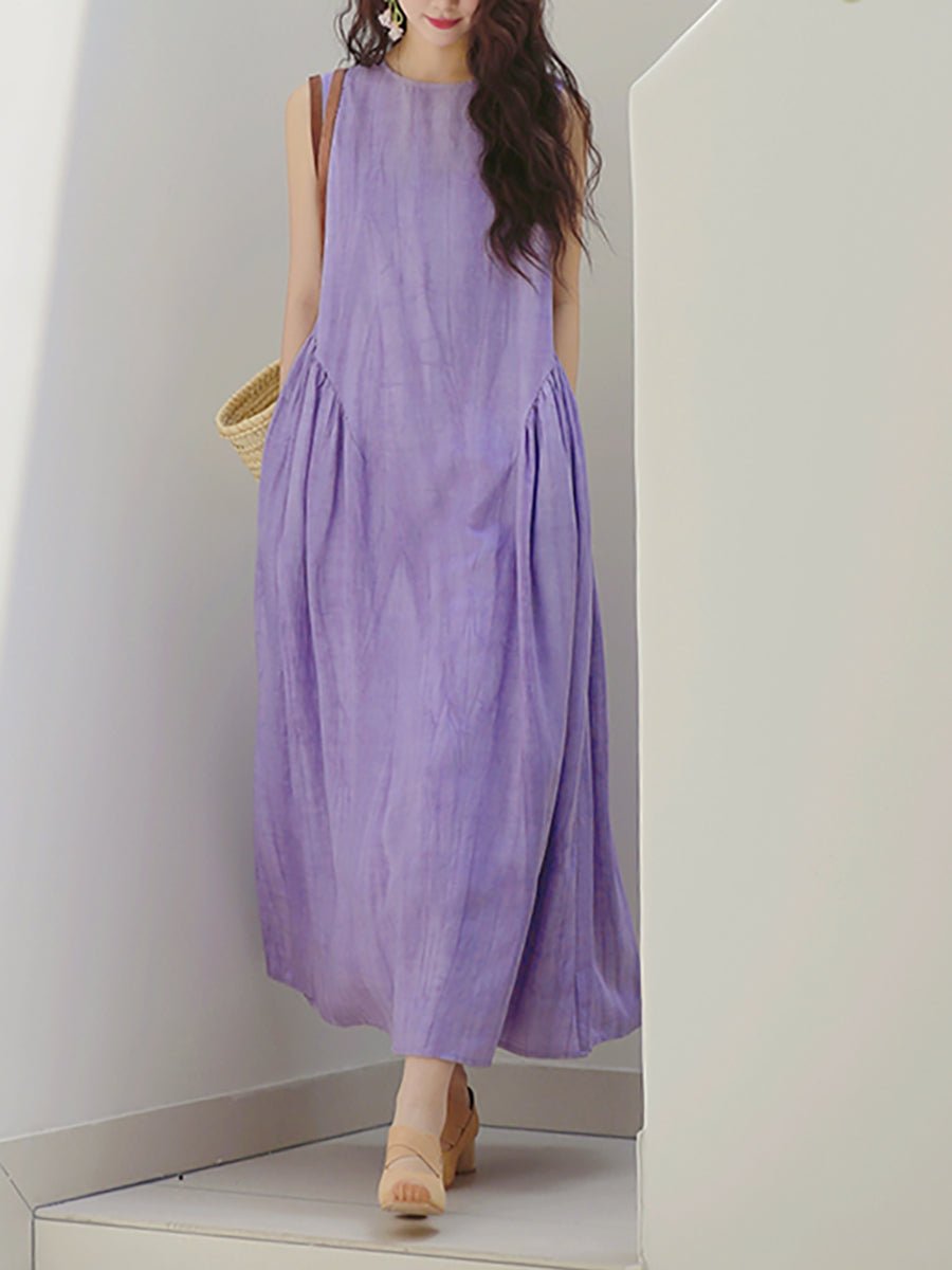 Women Summer Casual Pure Color O-Neck Linen Vest Dress