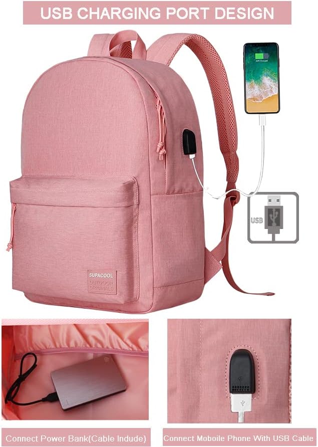 SUPACOOL Casual Laptop Backpack for Men and Women, School Backpack for Boys and Girls, College Bookbag, USB Charging Port, Lightweight Back Pack(Black)