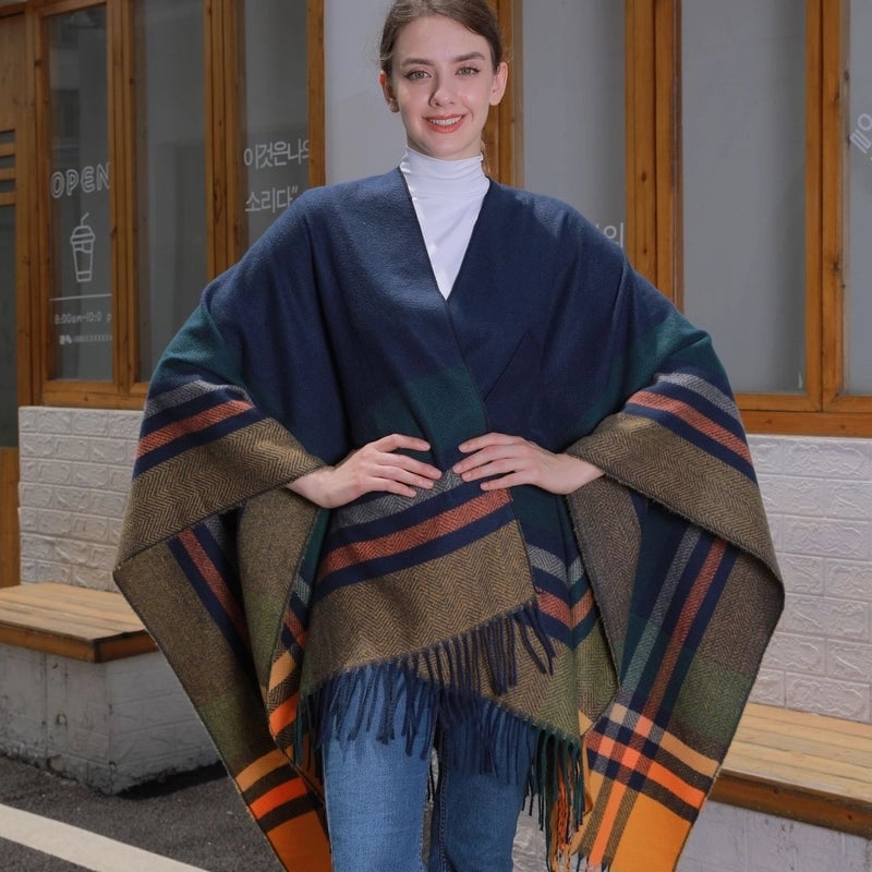 2024 New Color Striped Strap Inverness Women's Jacquard Warm Tassel Cardigan Outer Wear