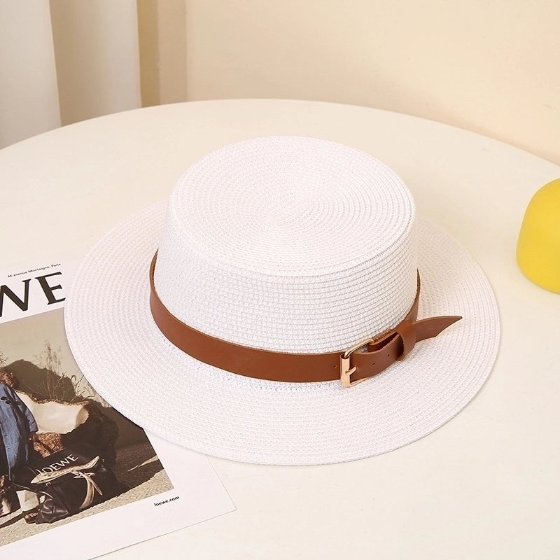 Women's Pastoral Solid Color Belt Buckle Wide Eaves Straw Hat