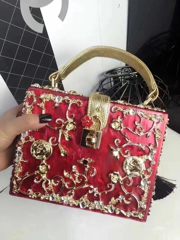 Black White Gold Arylic Flower Hollow Square Evening Bags