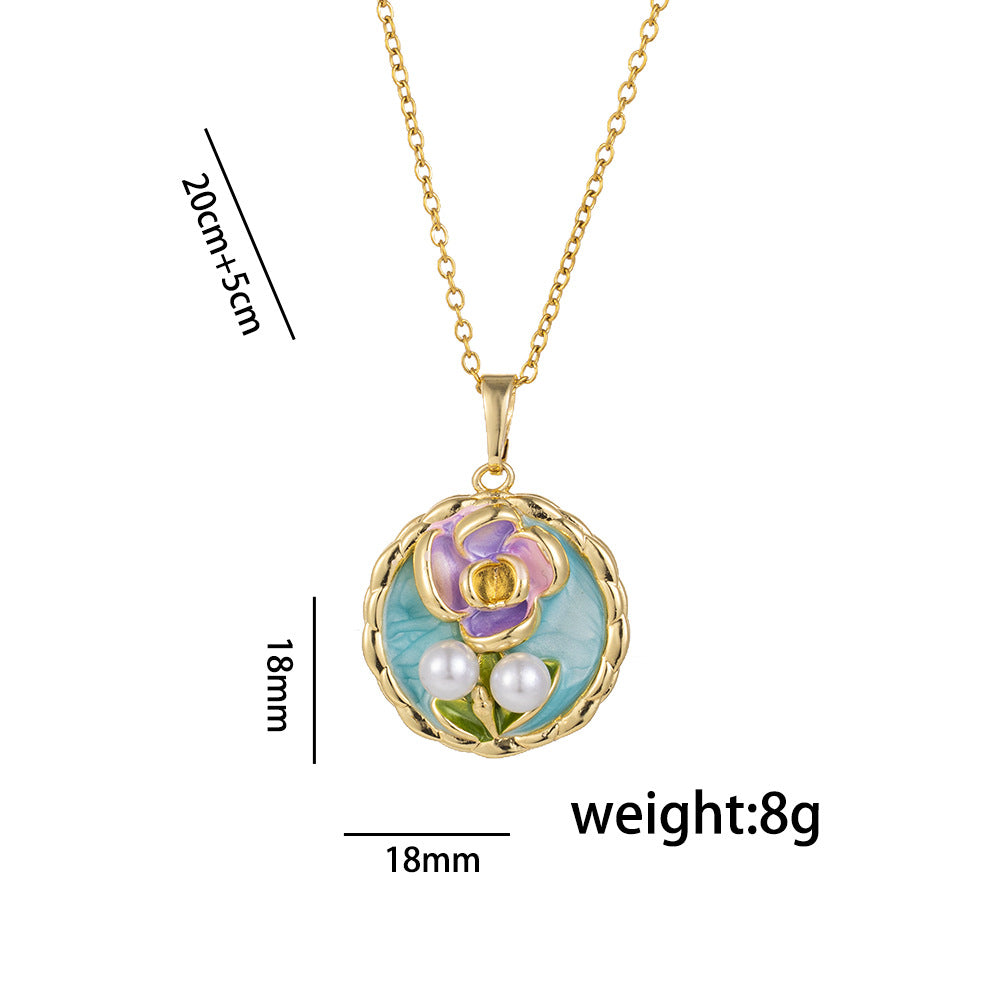Retro Oil Drop Baroque Freshwater Pearl Enamel High-Grade Painted Flower Pendant Necklace