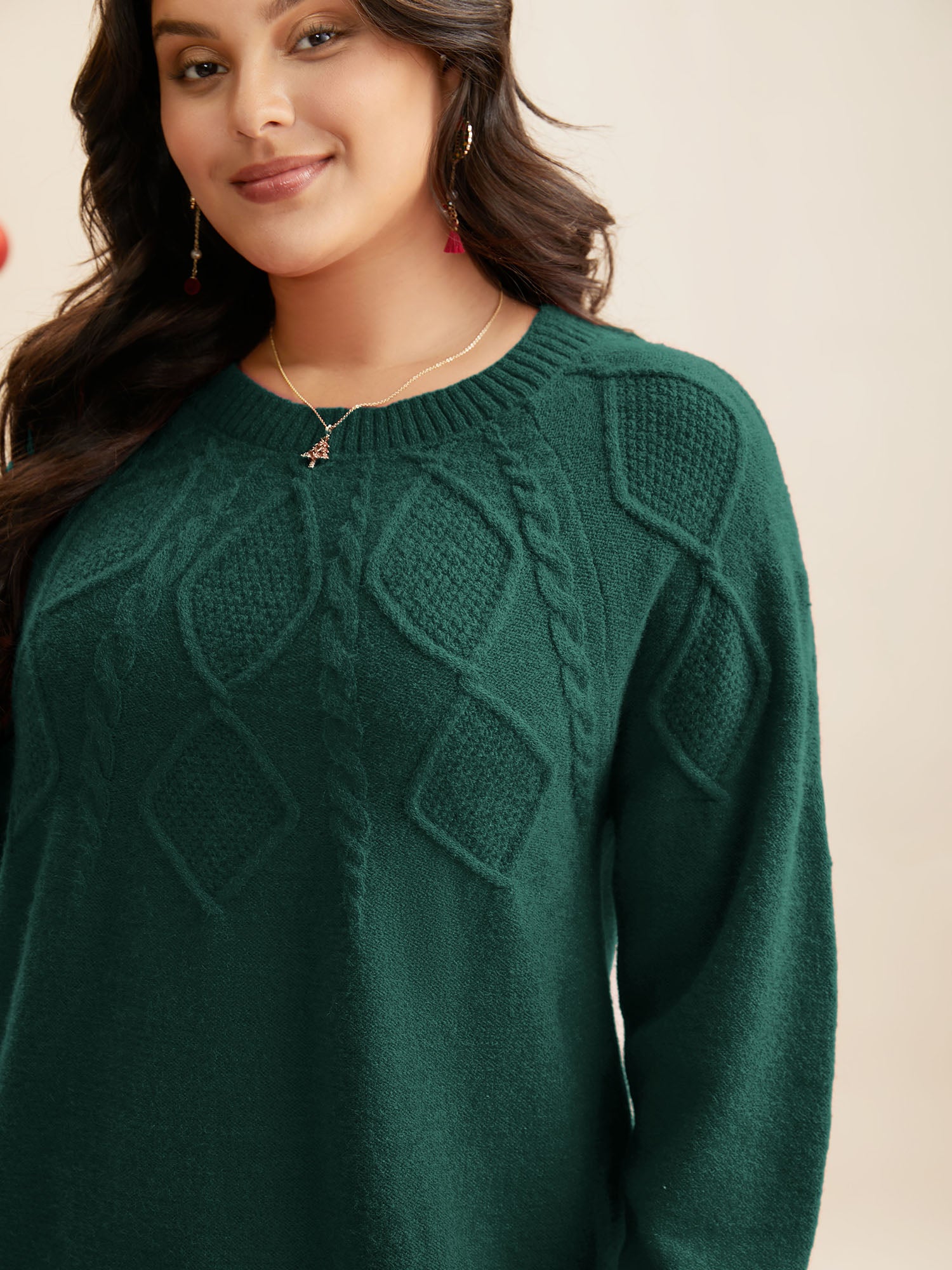 Cable Knit Bodice Crew-Neck Pullover