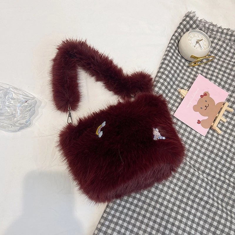 Women's Medium Plush Solid Color Vacation Classic Style Plush Chain Square Zipper Shoulder Bag