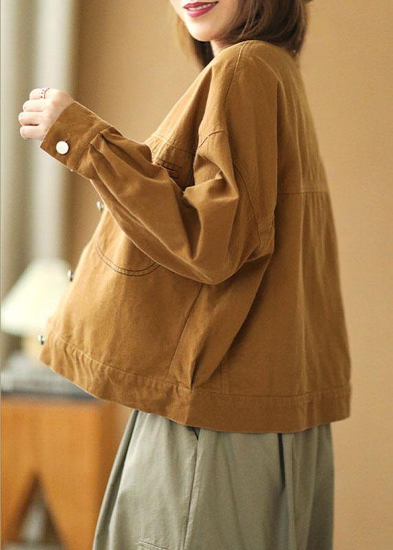 Plus Size Brown Peter Pan Collar Pockets Button Fall Coats Long Sleeve