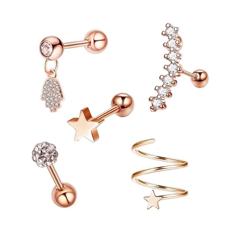 Minimalist Heart Shape Stainless Steel Plating Zircon Ear Studs 5 Piece Set