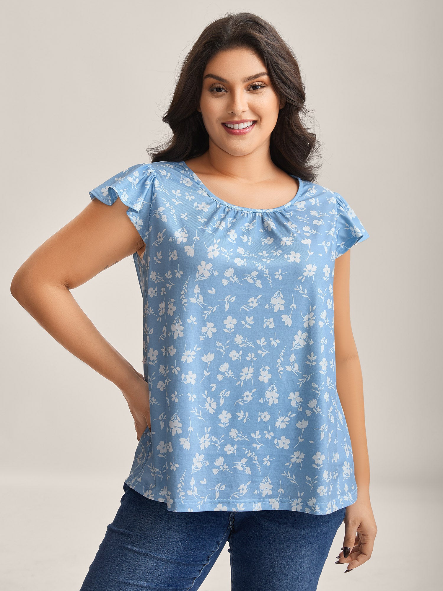 Floral Print Flutter Sleeve Relaxed Top