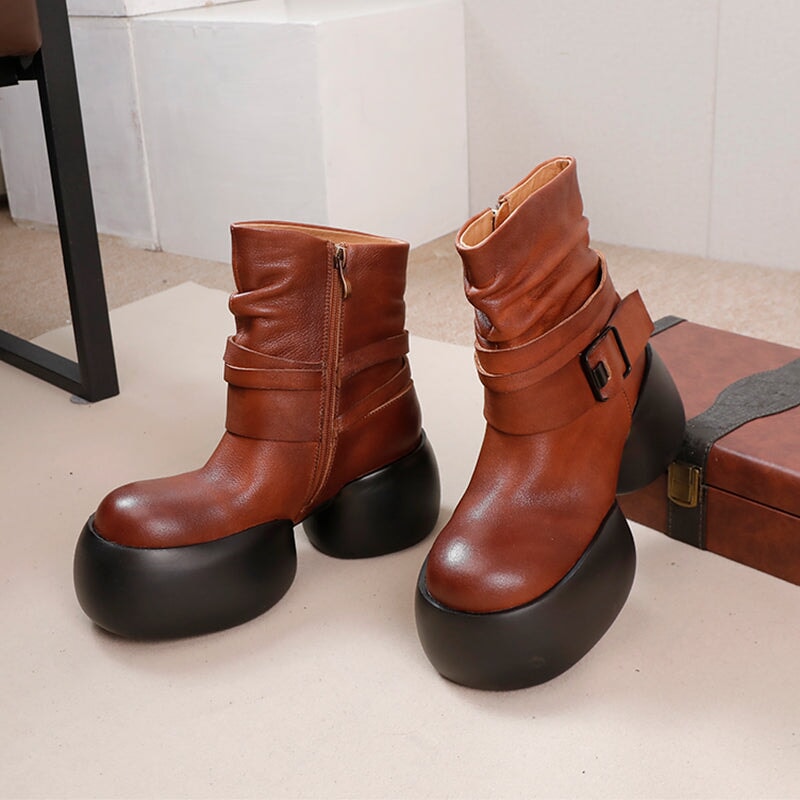 Handcrafted 75mm Platform Leather Slouch Boots for Women - Fall Collection in Black/Brown