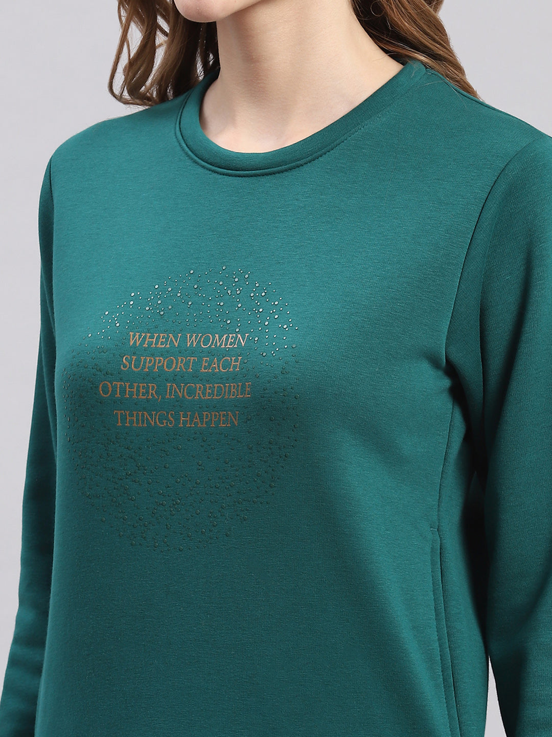 Women Teal Blue Printed Round Neck Full Sleeve Sweatshirts