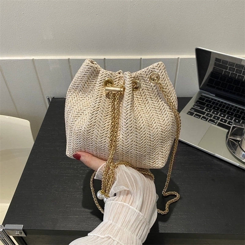 Women's Canvas Straw Solid Color Streetwear Bucket String Bucket Bag