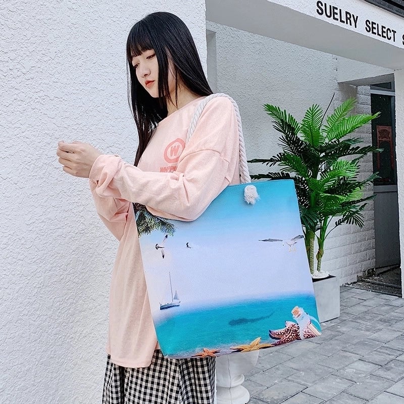 Women's Medium Canvas Ocean Vacation Beach Zipper Beach Bag