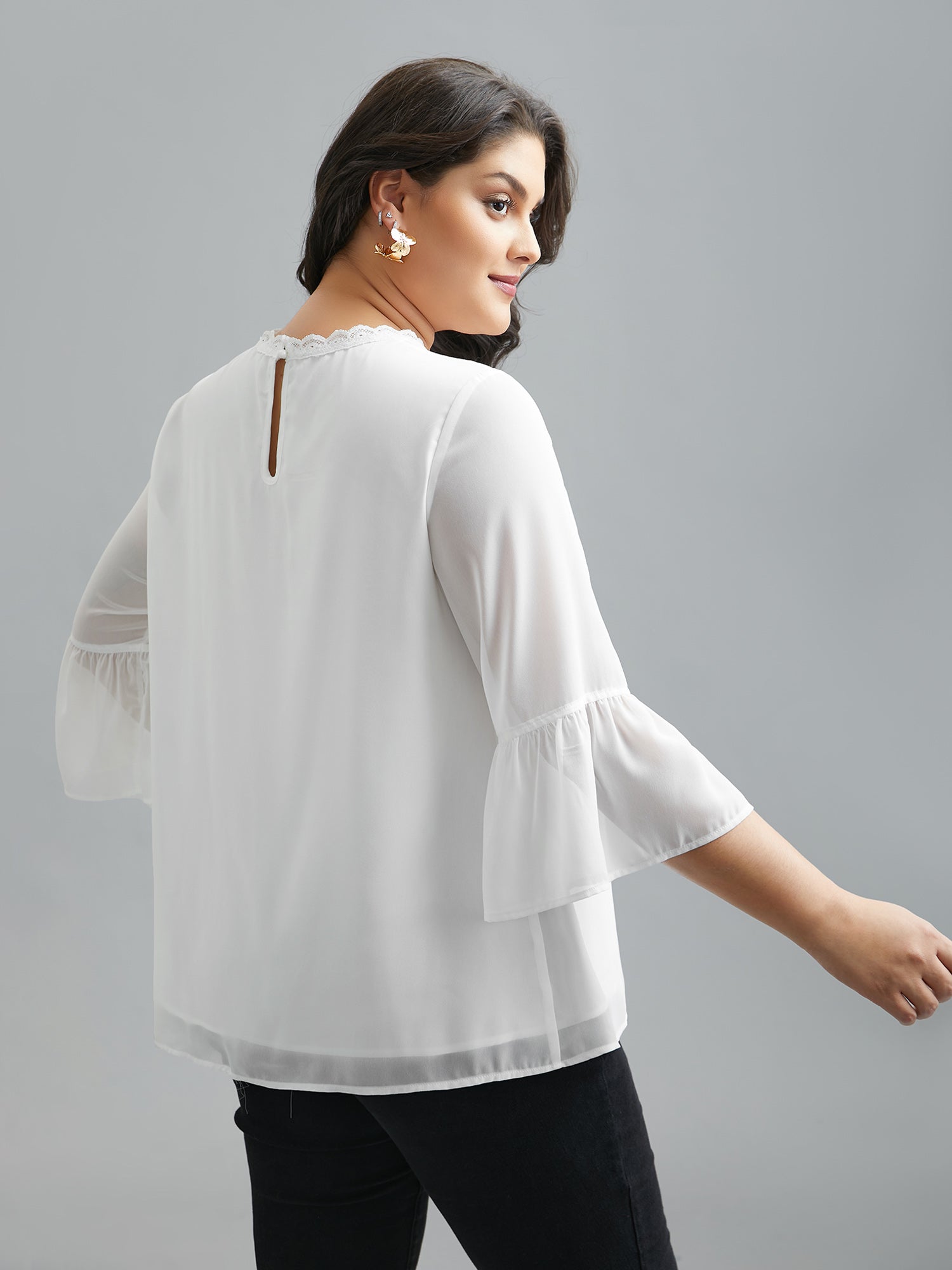 Dreamy Lace Neck Flared Sleeve Chiffon Blouse