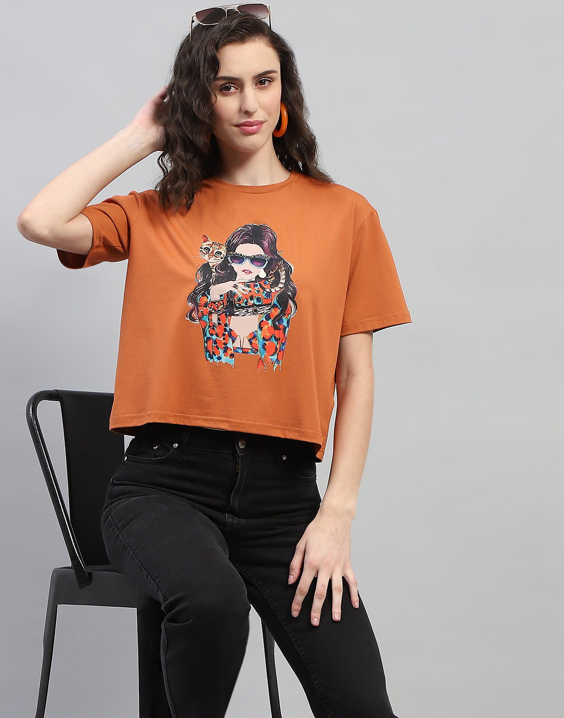 Women Tan Printed Round Neck Half Sleeve Top