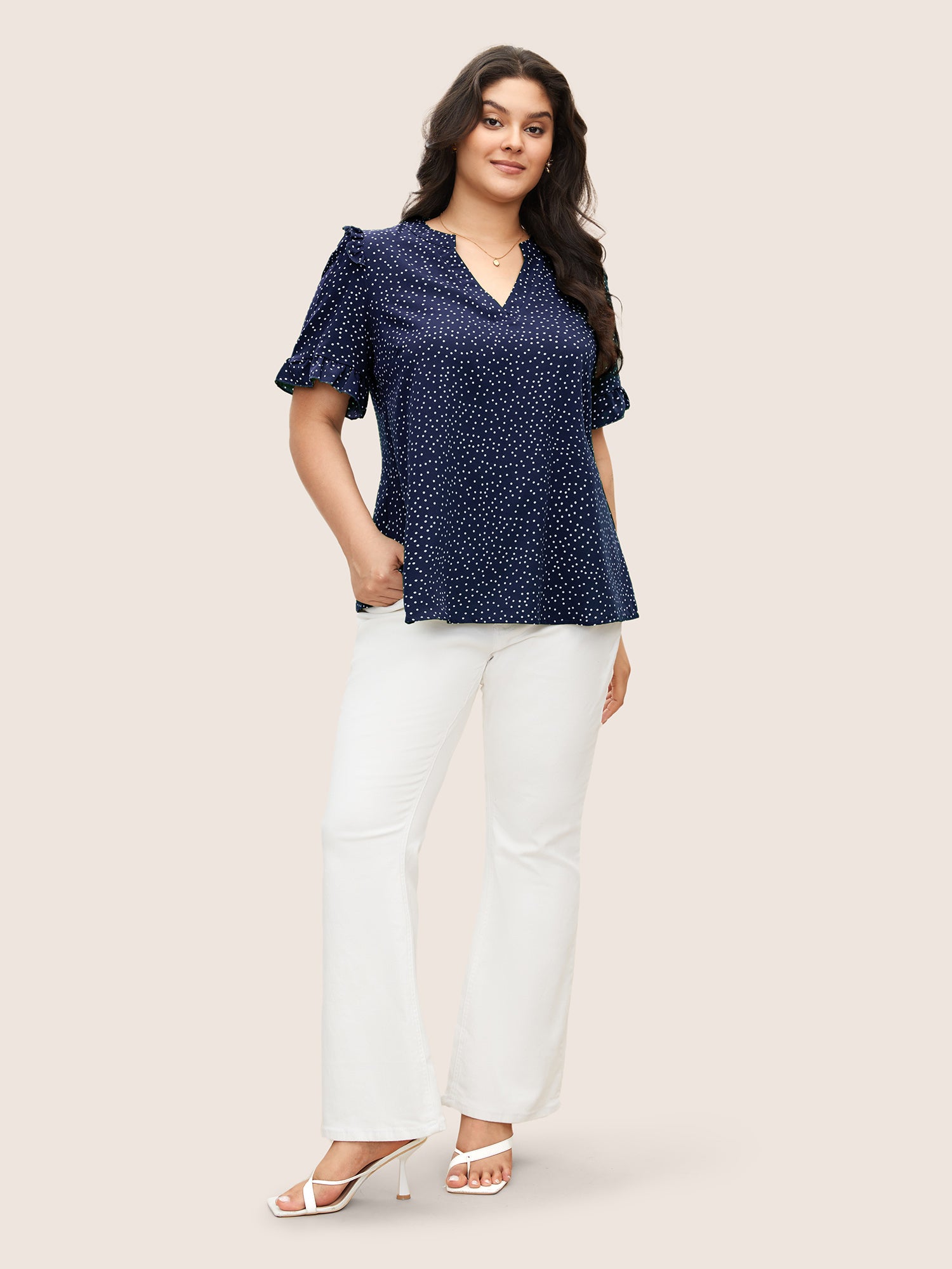 Polka Dot V Neck Ruffle Trim Blouse