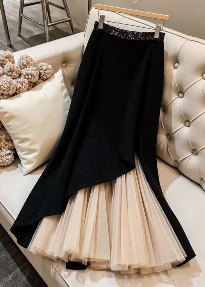 Elegant Black Original Design Chiffon Patchwork Skirts Spring