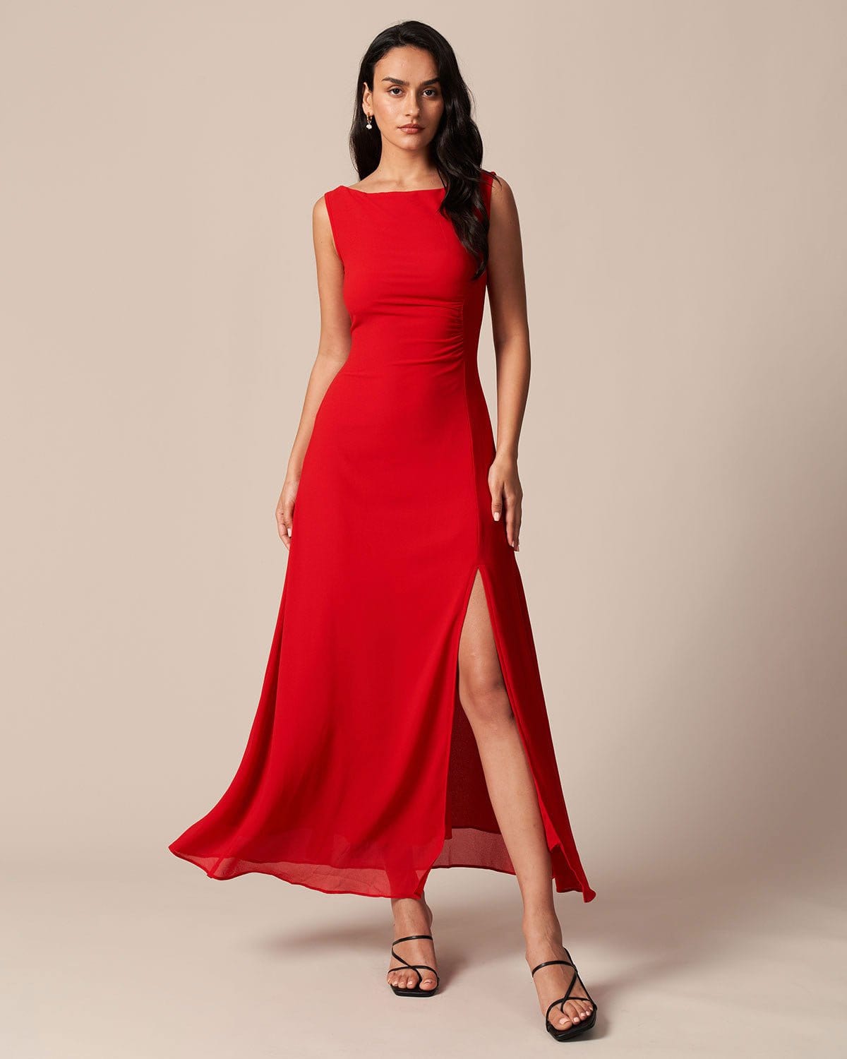 The Red Cowl Neck Cutout Ruched Maxi Dress