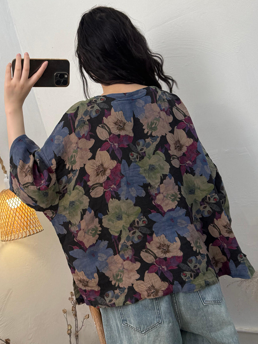 Women Summer Casual Flower O-Neck 100%Cotton Loose Shirt