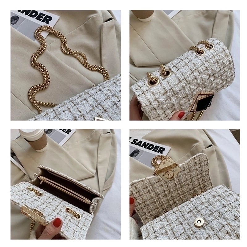 Women's Small Woolen Plaid Streetwear Square Magnetic Buckle Shoulder Bag Crossbody Bag Chain Bag