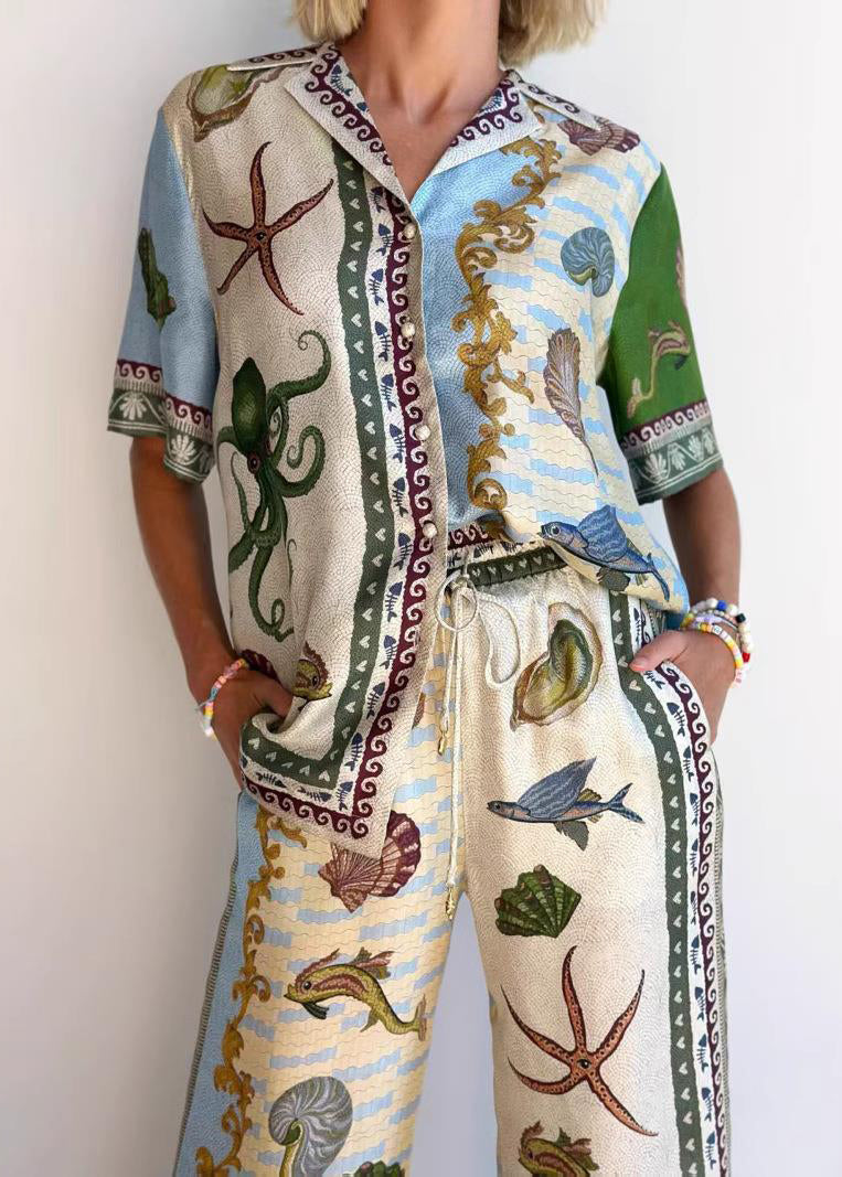 Plus Size Print Shirts And Wide Leg Pants Two Piece Set Summer