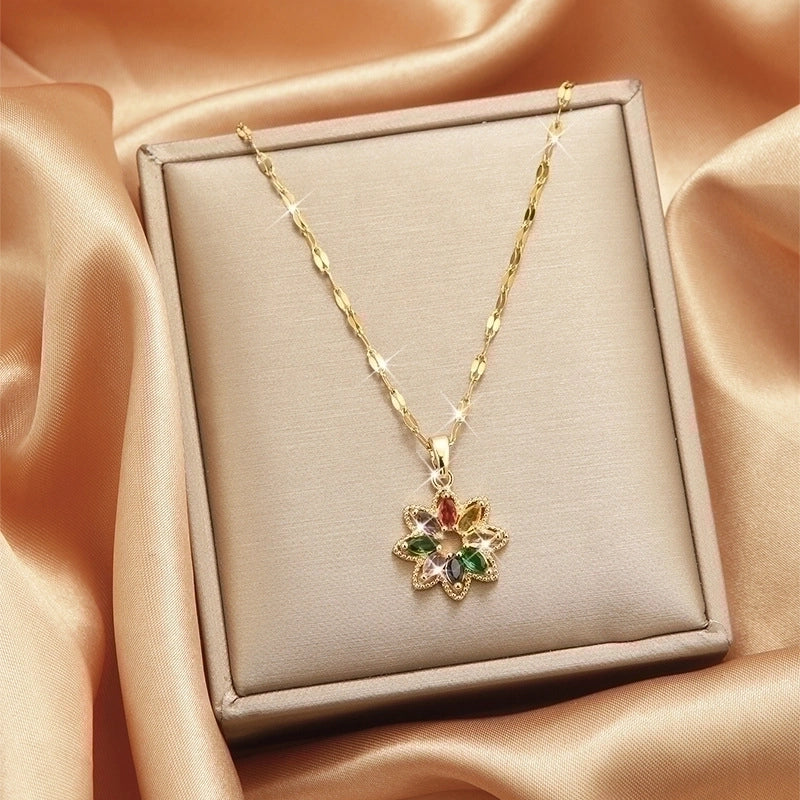 3 Pieces Lady Heart Shape Flower Titanium Steel Plating Inlay Zircon Gold Plated Pendant Necklace