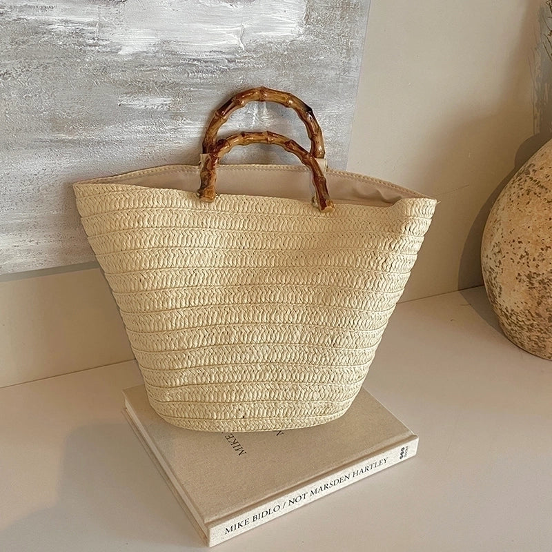 Women's Medium Straw Solid Color Vacation Beach Weave Zipper Straw Bag