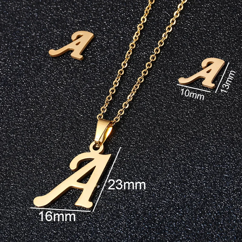 New Fashion Stainless  Jewelry 18K Gold Plated A-Z 26 Initial Letters Alphabet Pendant Necklace Earring Sets For Women