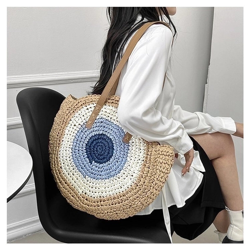 Women's Straw Color Block Basic Round Zipper Shoulder Bag