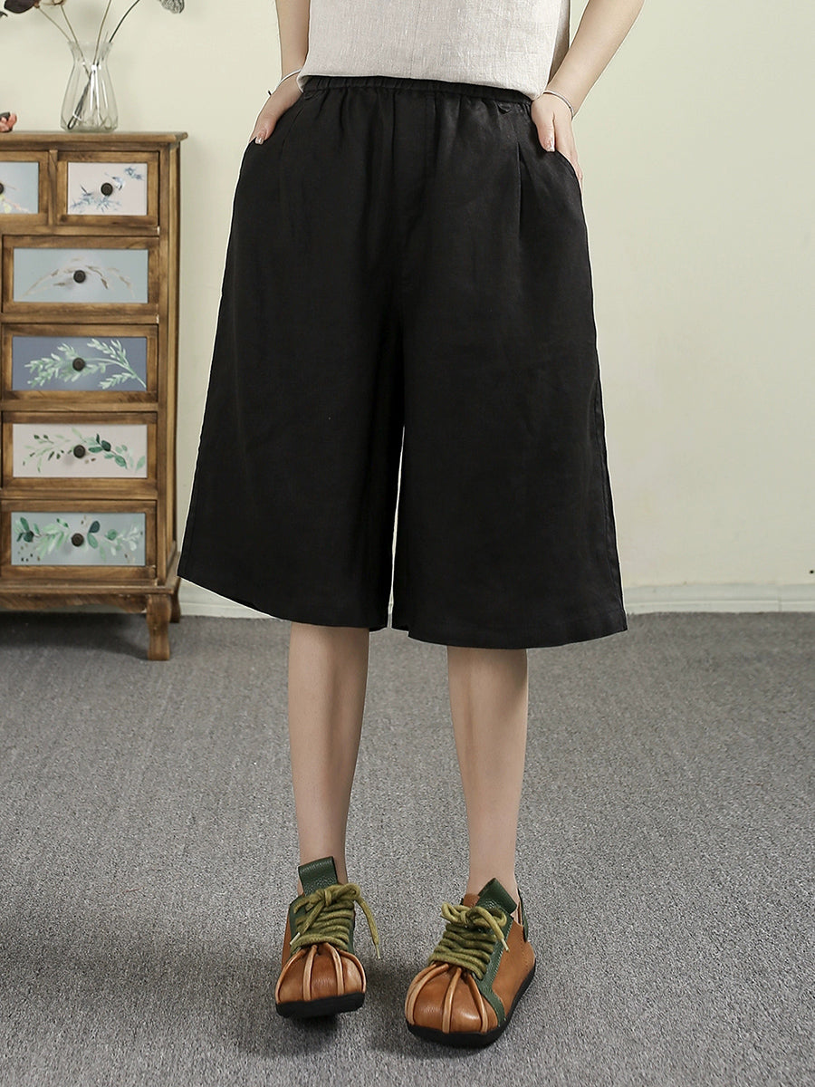 Women Summer Pure Color 100%Linen Wide-leg Fifth Pants