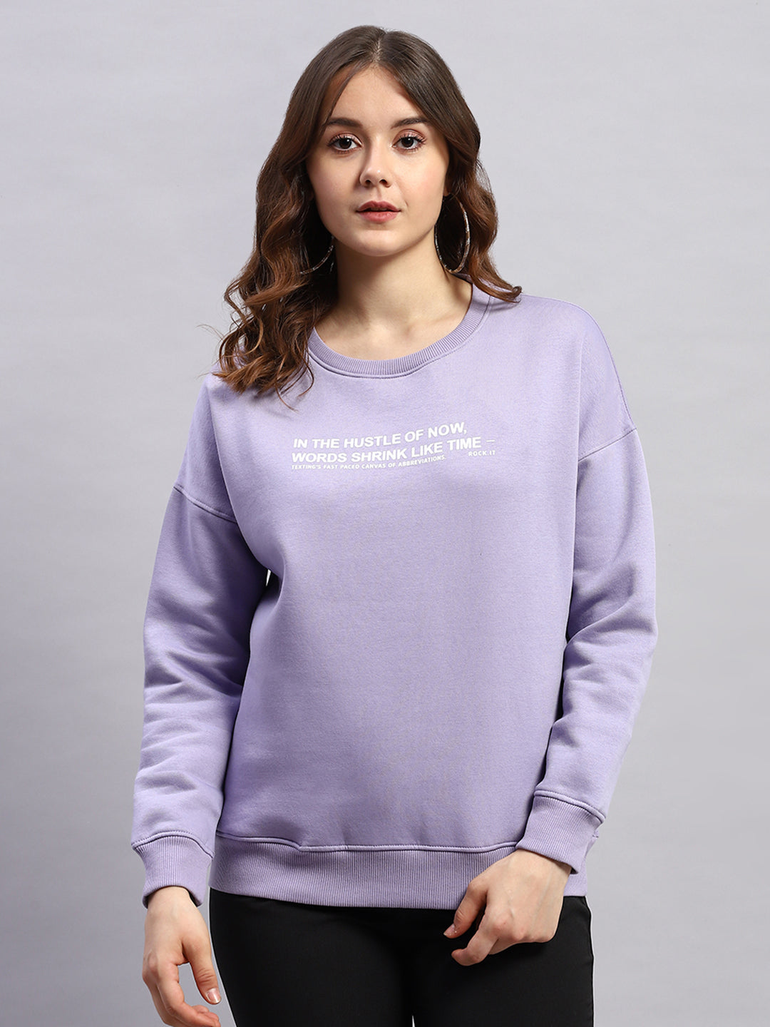 Women Purple Printed Round Neck Full Sleeve Sweatshirt