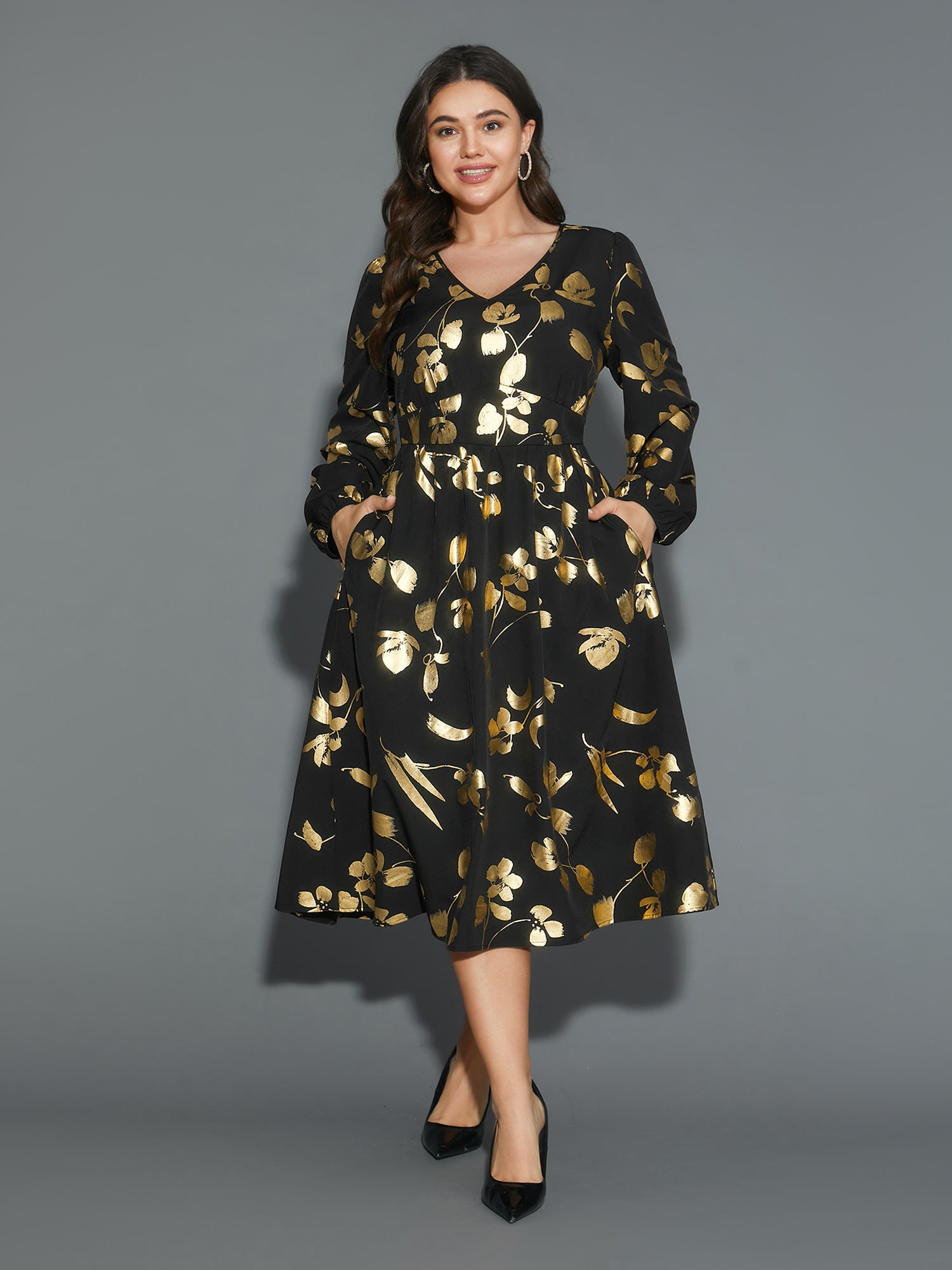 Glitter Silhouette Floral Print Elastic Waist Dress