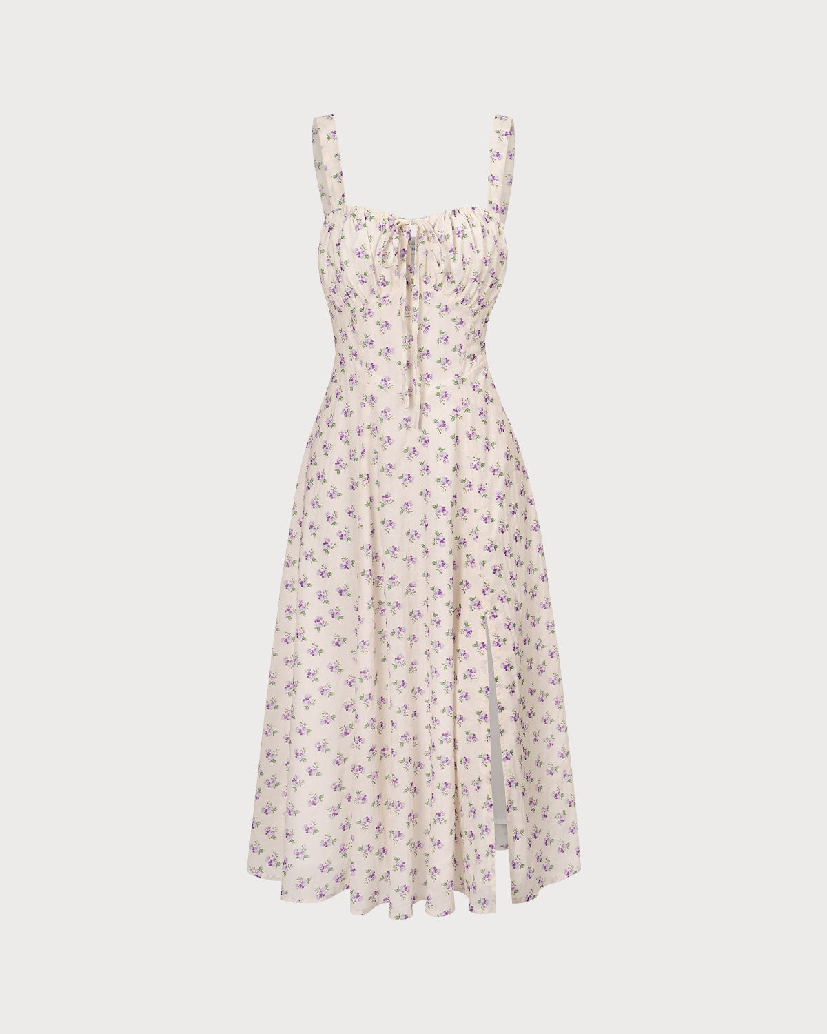 The Beige Ruched Split Hem Floral Midi Dress