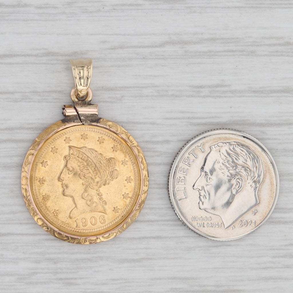 Authentic 1906 American Eagle 2.50D Coin Pendant 10k 900 Yellow Gold