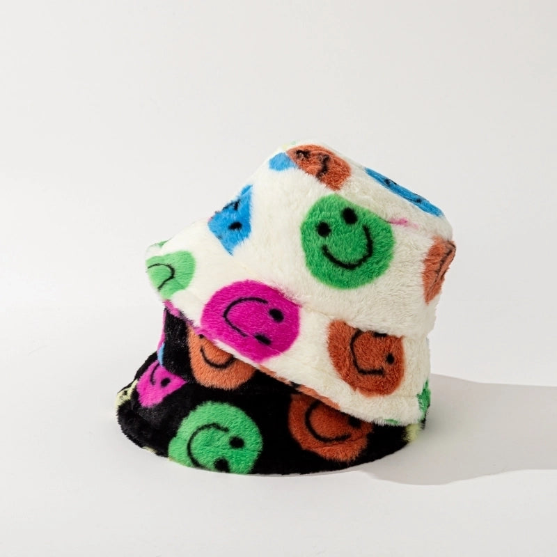 Women's Minimalist Smile Face Printing Flat Eaves Bucket Hat