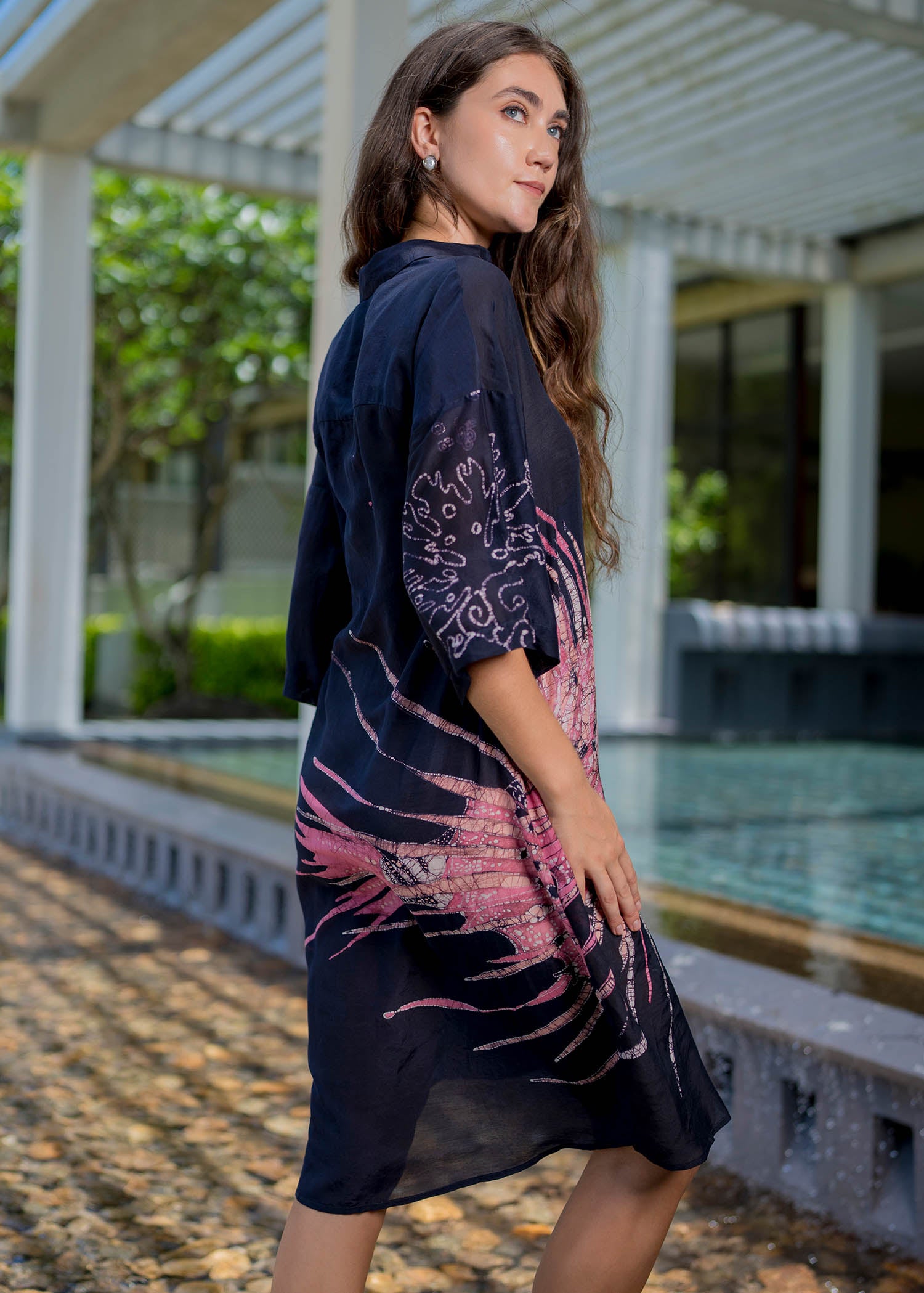 Jelly Fish Hand Painted Batik Short Placket Shirt dress