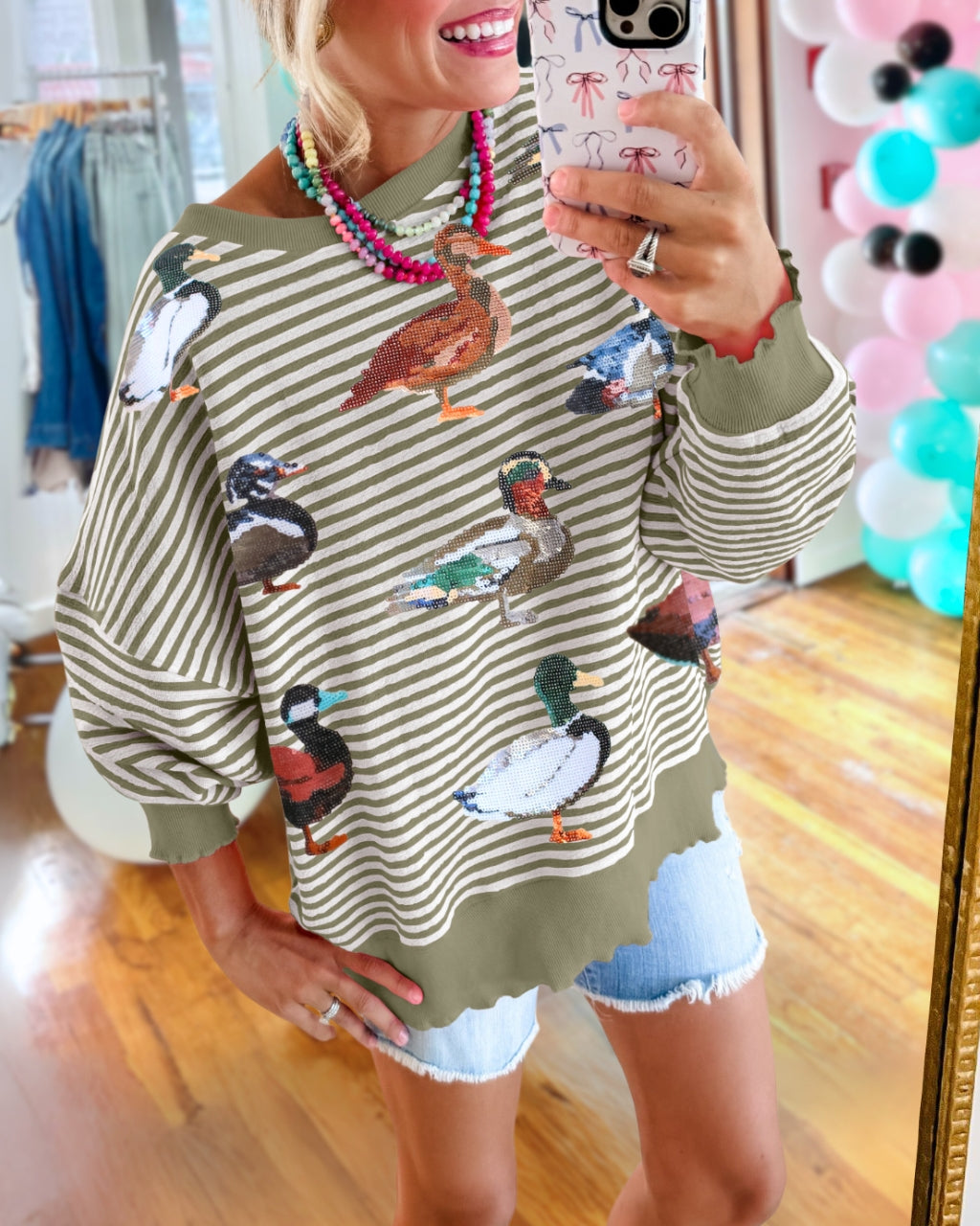 Cute Duck Sequin Stripe Sweatshirt