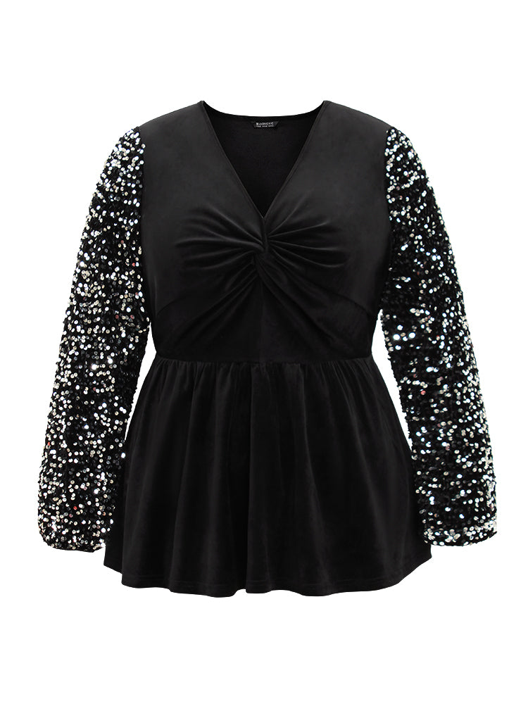 Patchwork Velvet Twist Front Elastic Waist Sequin Blouse