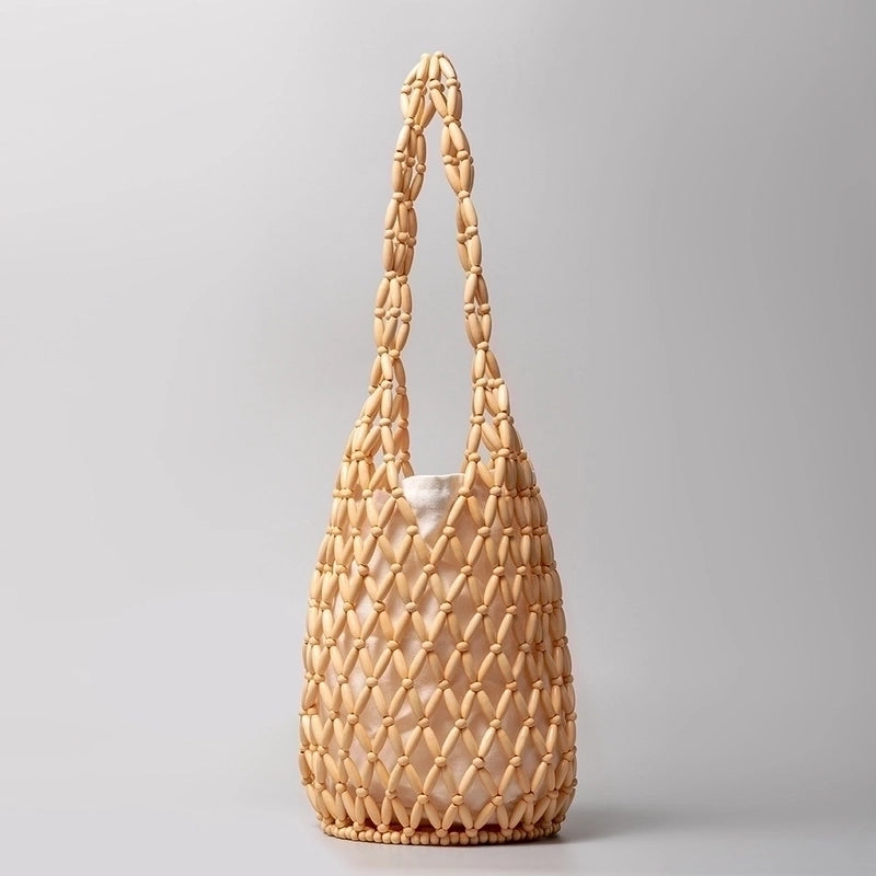 Women's Medium Wooden Beads Polyester Cotton Color Block Basic Vacation Open Straw Bag