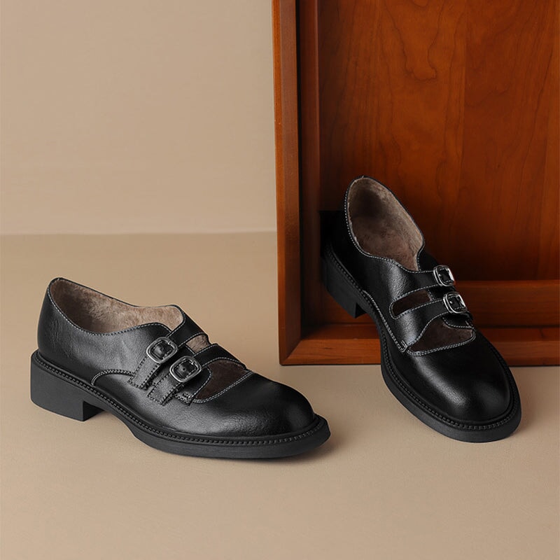 Handmade Leather Double Monk Strap Shoes For Women in Coffee/Black